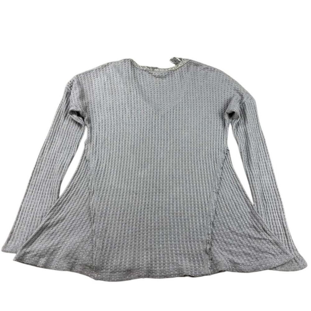 Juicy Couture Knit Top Women L Gray V Neck Long Sleeve Waffle Knit Pullover - Picture 2 of 9